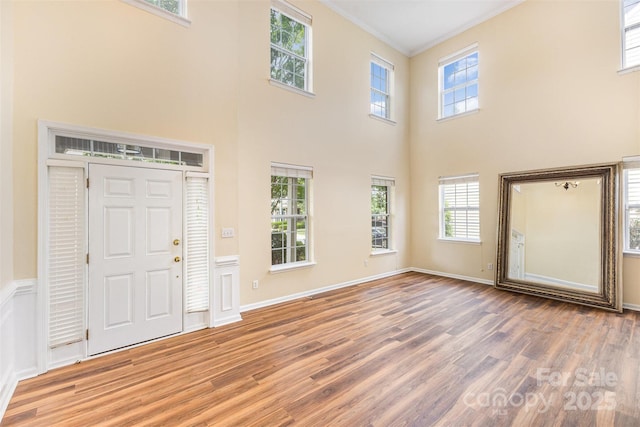 13305 Mallard Landing Rd, Charlotte, NC 28278 - foyer featuring wood finished floors, ornamental molding, a towering ceiling, and baseboards