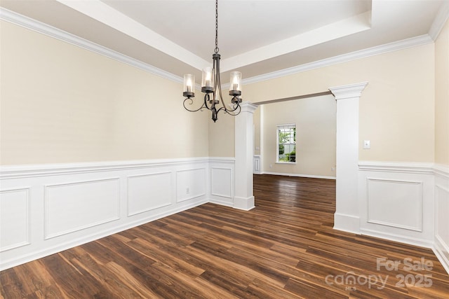 13305 Mallard Landing Rd, Charlotte, NC 28278 - unfurnished dining area featuring a chandelier, a tray ceiling, dark wood-type flooring, wainscoting, and a decorative wall
