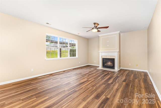 13305 Mallard Landing Rd, Charlotte, NC 28278 - unfurnished living room with wood finished floors, ceiling fan, a fireplace with flush hearth, and baseboards