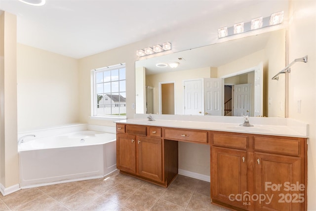 13305 Mallard Landing Rd, Charlotte, NC 28278 - full bathroom with double vanity, a garden tub, tile patterned floors, and a shower with door
