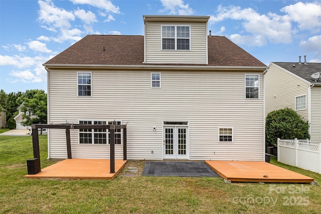 13305 Mallard Landing Rd, Charlotte, NC 28278 - back of property featuring a wooden deck, a pergola, a patio area, roof with shingles, and french doors