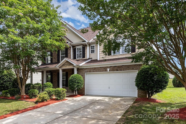 13305 Mallard Landing Rd, Charlotte, NC 28278 - craftsman house featuring driveway, a front lawn, a porch, a garage, and brick siding