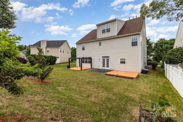 13305 Mallard Landing Rd, Charlotte, NC 28278 - rear view of house featuring a wooden deck, french doors, a shingled roof, and a patio area
