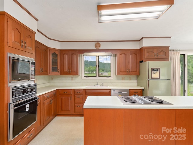 202 Terrell Rd, Clyde, NC 28721 - kitchen with appliances with stainless steel finishes, brown cabinetry, light countertops, a sink, and crown molding