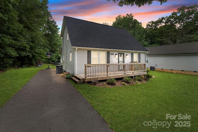 2146 Marwood Ln, Albemarle, NC 28001 - cape cod-style house with central AC, roof with shingles, a lawn, and a deck