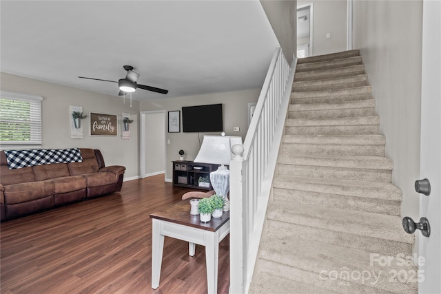 2146 Marwood Ln, Albemarle, NC 28001 - stairs featuring wood finished floors, a ceiling fan, and baseboards