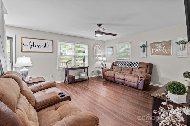 2146 Marwood Ln, Albemarle, NC 28001 - living area featuring healthy amount of natural light, ceiling fan, wood finished floors, and baseboards