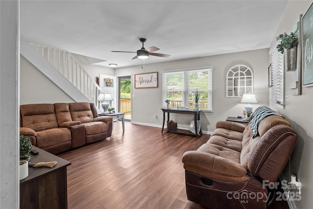 2146 Marwood Ln, Albemarle, NC 28001 - living room featuring ceiling fan, wood finished floors, baseboards, and stairway