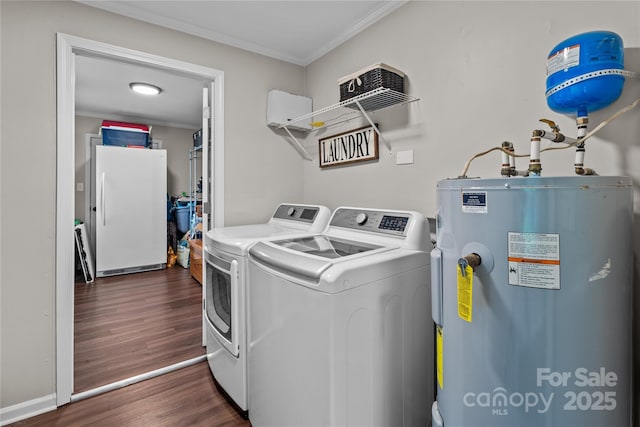 2146 Marwood Ln, Albemarle, NC 28001 - laundry area with water heater, separate washer and dryer, crown molding, and dark wood-type flooring