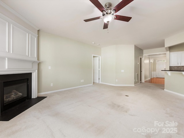 8603 Robinson Meadow Ct, Charlotte, NC 28277 - unfurnished living room with ceiling fan, a fireplace, and light colored carpet