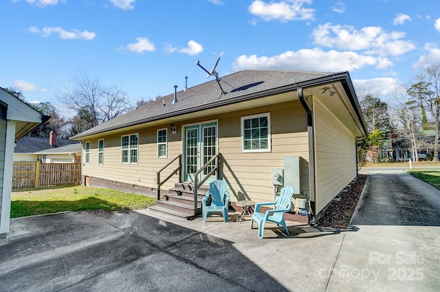 6618 Alexander Rd, Charlotte, NC 28270 - rear view of house with entry steps, french doors, crawl space, a patio area, and a shingled roof