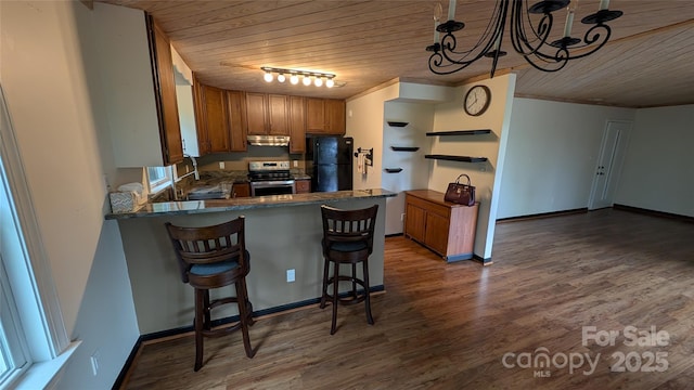 105 Toxaway Views Dr Unit 402, Lake Toxaway, NC 28747 - kitchen with stainless steel range oven, freestanding refrigerator, wood ceiling, rail lighting, and brown cabinetry