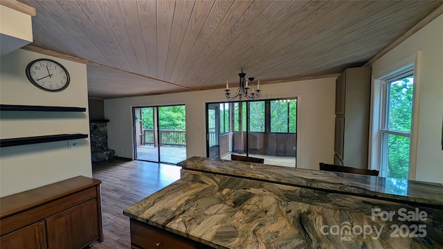 105 Toxaway Views Dr Unit 402, Lake Toxaway, NC 28747 - kitchen featuring wood ceiling, a chandelier, dark wood finished floors, open floor plan, and dark stone countertops