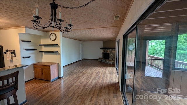 105 Toxaway Views Dr Unit 402, Lake Toxaway, NC 28747 - unfurnished dining area with wooden ceiling, a chandelier, a fireplace, wood finished floors, and baseboards