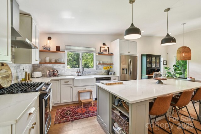 5 Lowry Ln, Weaverville, NC 28787 - kitchen featuring open shelves, stainless steel appliances, and a sink
