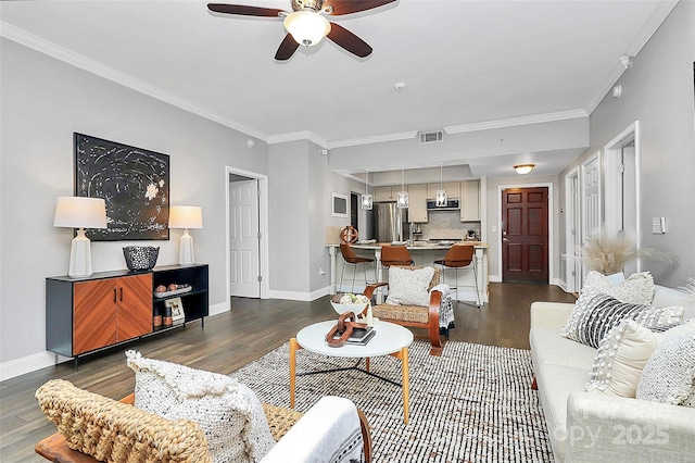 300 W 5th St Unit 003, Charlotte, NC 28202 - living area with dark wood-style floors, a ceiling fan, and crown molding