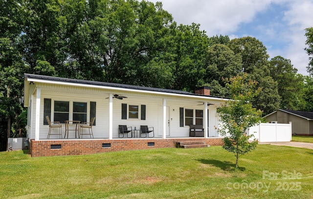 1197 Fincher Rd, Fort Lawn, SC 29714 - single story home with crawl space, a ceiling fan, covered porch, a chimney, and metal roof