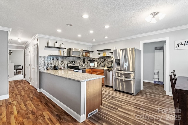 1197 Fincher Rd, Fort Lawn, SC 29714 - kitchen featuring stainless steel appliances, open shelves, a peninsula, dark wood finished floors, and tasteful backsplash