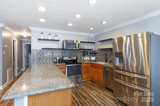 1197 Fincher Rd, Fort Lawn, SC 29714 - kitchen with open shelves, stainless steel appliances, a sink, light stone counters, and decorative backsplash
