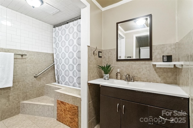 1197 Fincher Rd, Fort Lawn, SC 29714 - full bathroom featuring tile walls, tiled shower, vanity, and ornamental molding