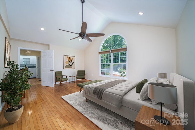 114 Coachmans Trl, Asheville, NC 28803 - bedroom with lofted ceiling, light wood-type flooring, a ceiling fan, and recessed lighting