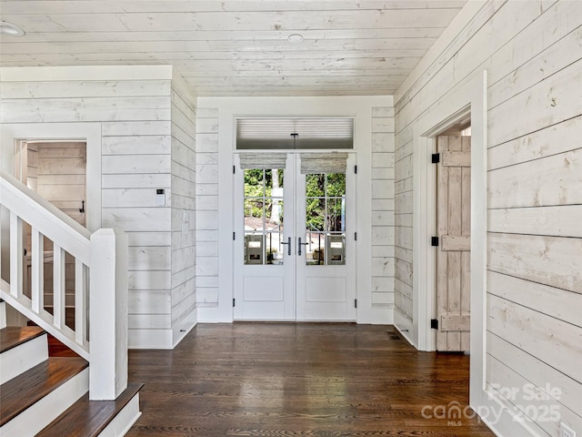 251 Toxaway Ct, Lake Toxaway, NC 28747 - foyer with wood walls, french doors, stairway, wood finished floors, and wood ceiling