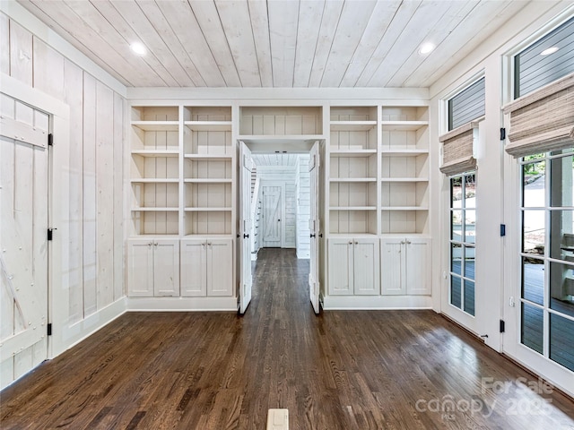 251 Toxaway Ct, Lake Toxaway, NC 28747 - unfurnished dining area featuring built in features, wood ceiling, and dark wood finished floors