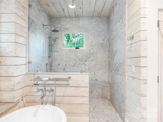 251 Toxaway Ct, Lake Toxaway, NC 28747 - bathroom featuring walk in shower, a bath, and wood ceiling