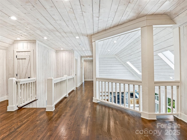 251 Toxaway Ct, Lake Toxaway, NC 28747 - hallway with wooden ceiling, vaulted ceiling, wood finished floors, wooden walls, and recessed lighting
