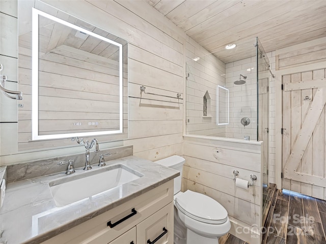 251 Toxaway Ct, Lake Toxaway, NC 28747 - bathroom featuring a shower stall, vanity, toilet, wood walls, and wooden ceiling