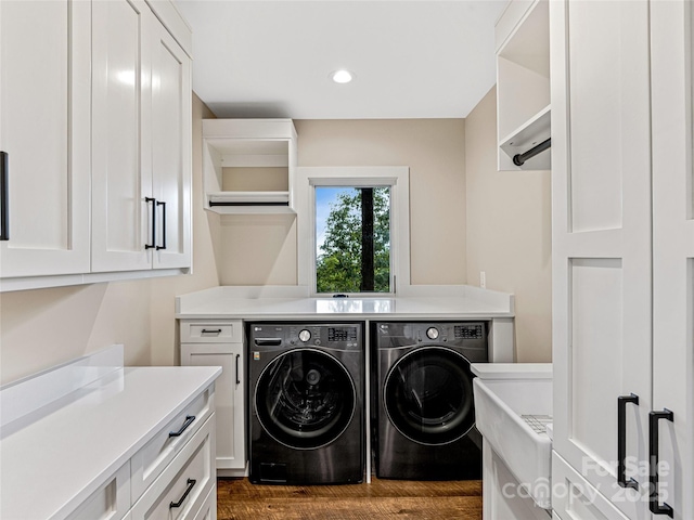 251 Toxaway Ct, Lake Toxaway, NC 28747 - laundry area featuring washer and dryer, dark wood-style floors, cabinet space, and recessed lighting