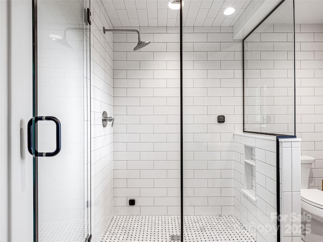 251 Toxaway Ct, Lake Toxaway, NC 28747 - bathroom with toilet, a stall shower, recessed lighting, and tile walls
