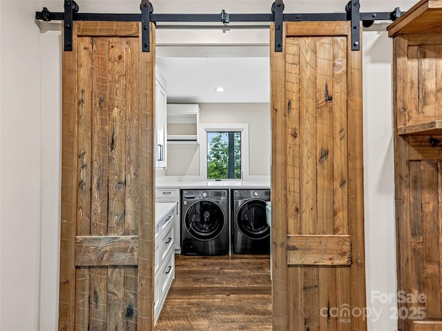 251 Toxaway Ct, Lake Toxaway, NC 28747 - laundry room featuring a barn door, independent washer and dryer, and dark wood finished floors