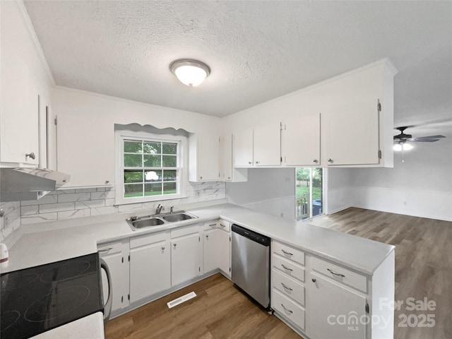 1224 Bethlehem Rd, Kings Mountain, NC 28086 - kitchen with stainless steel dishwasher, a sink, a peninsula, a textured ceiling, and wood finished floors
