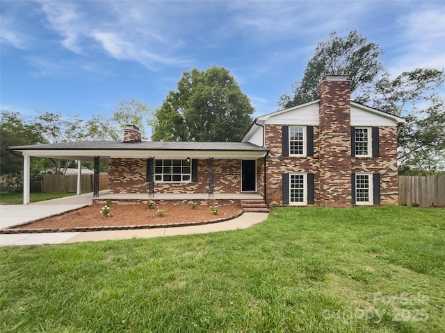 1224 Bethlehem Rd, Kings Mountain, NC 28086 - split level home with a chimney, brick siding, an attached carport, and concrete driveway