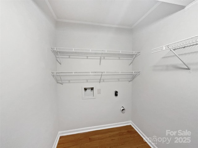 1224 Bethlehem Rd, Kings Mountain, NC 28086 - laundry area featuring ornamental molding, washer hookup, baseboards, wood finished floors, and hookup for an electric dryer