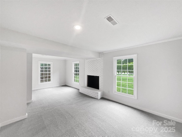 1224 Bethlehem Rd, Kings Mountain, NC 28086 - unfurnished living room featuring baseboards, carpet floors, a fireplace, recessed lighting, and ornamental molding