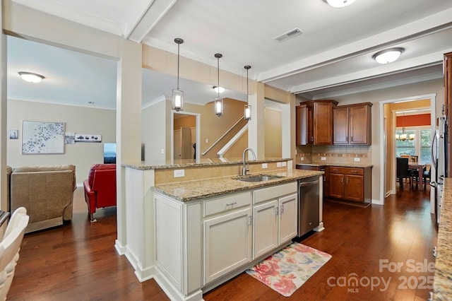 3106 Crosswind Dr, Fort Mill, SC 29707 - kitchen featuring a sink, backsplash, light stone countertops, dark wood-type flooring, and beam ceiling