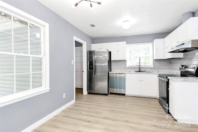 7118 April Ridge Ln, Charlotte, NC 28215 - kitchen with appliances with stainless steel finishes, under cabinet range hood, a sink, light wood-style floors, and decorative backsplash