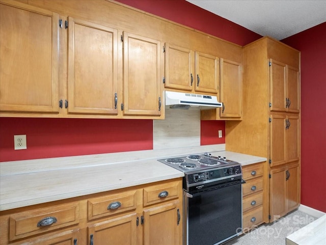 3327 Archdale Dr, Charlotte, NC 28210 - kitchen featuring black range with electric stovetop, under cabinet range hood, light countertops, and light carpet