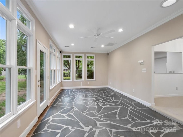 3327 Archdale Dr, Charlotte, NC 28210 - unfurnished sunroom with stone flooring, plenty of natural light, baseboards, recessed lighting, and crown molding