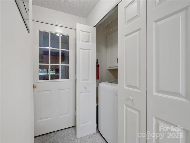 3327 Archdale Dr, Charlotte, NC 28210 - laundry area featuring washer / clothes dryer, cabinet space, and a textured ceiling