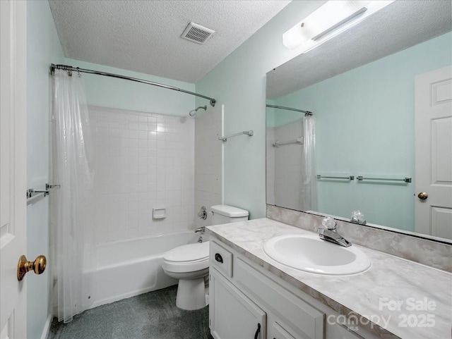 3327 Archdale Dr, Charlotte, NC 28210 - full bath featuring shower / tub combo with curtain, vanity, toilet, and a textured ceiling