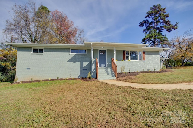 8607 Larchmont Cir, Charlotte, NC 28214 - ranch-style house featuring a front lawn, brick siding, crawl space, and covered porch