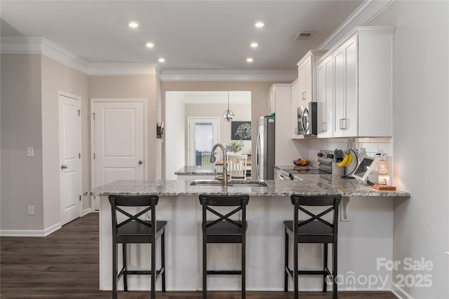 148 Kerri Dawn Ln, Locust, NC 28097 - kitchen with a sink, appliances with stainless steel finishes, light stone countertops, white cabinetry, and a peninsula