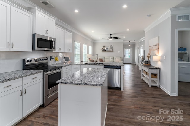 148 Kerri Dawn Ln, Locust, NC 28097 - kitchen featuring stainless steel appliances, a peninsula, crown molding, a sink, and a ceiling fan