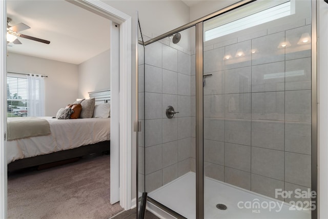 148 Kerri Dawn Ln, Locust, NC 28097 - ensuite bathroom with a stall shower and a ceiling fan