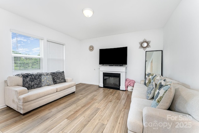 3077 Light Ridge Ct SW, Concord, NC 28027 - living area featuring light wood finished floors, a glass covered fireplace, and baseboards