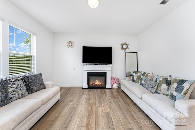 3077 Light Ridge Ct SW, Concord, NC 28027 - living area featuring light wood-type flooring, a glass covered fireplace, and baseboards