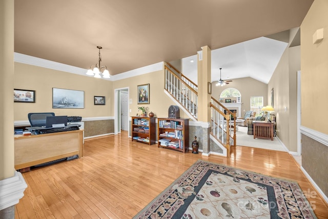 6533 Derby Ln NW, Concord, NC 28027 - entryway featuring wood finished floors, stairway, ceiling fan, a chandelier, and lofted ceiling